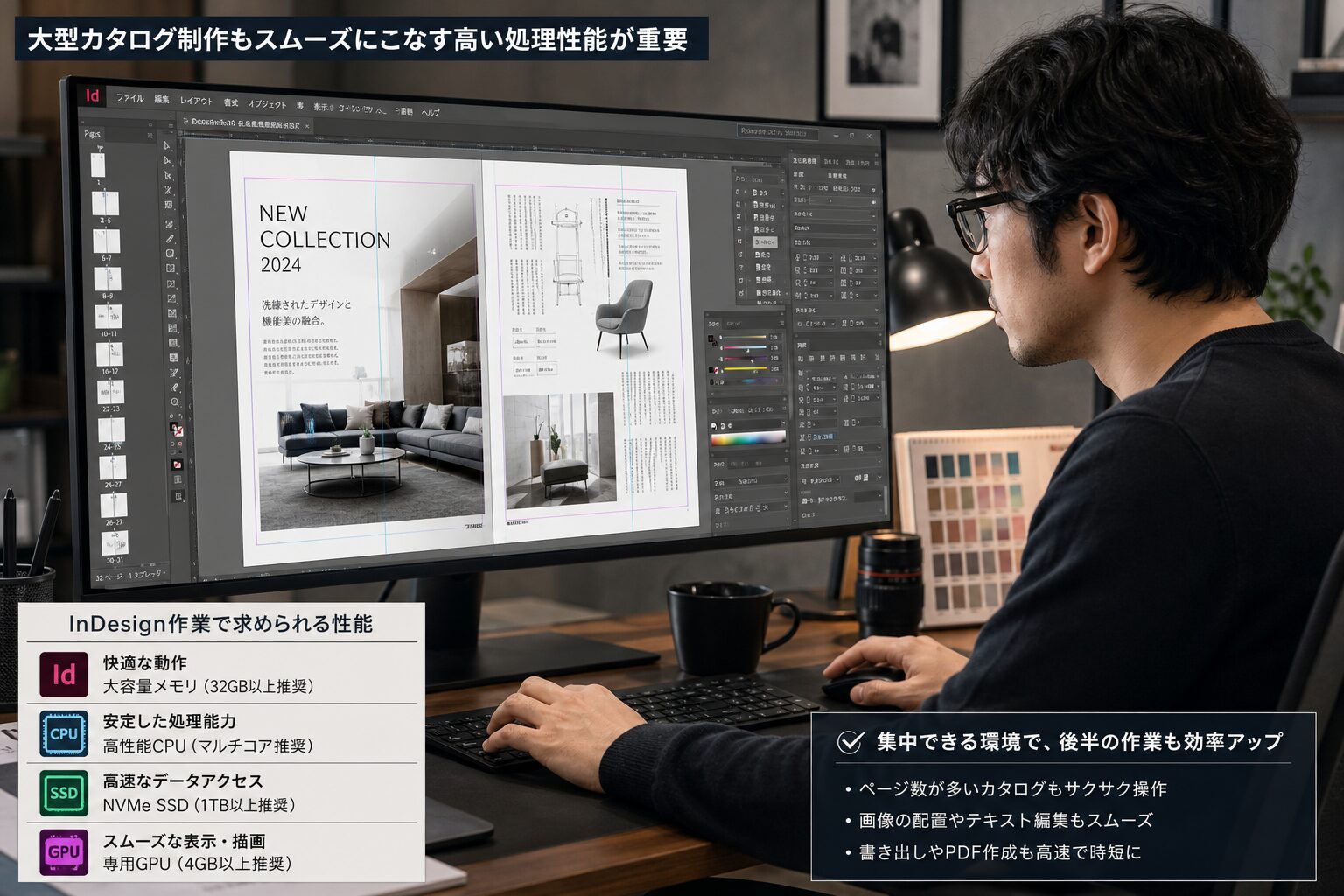 大型カタログのページレイアウトが表示された大画面モニターと作業中のクリエイター、後半の集中した作業風景