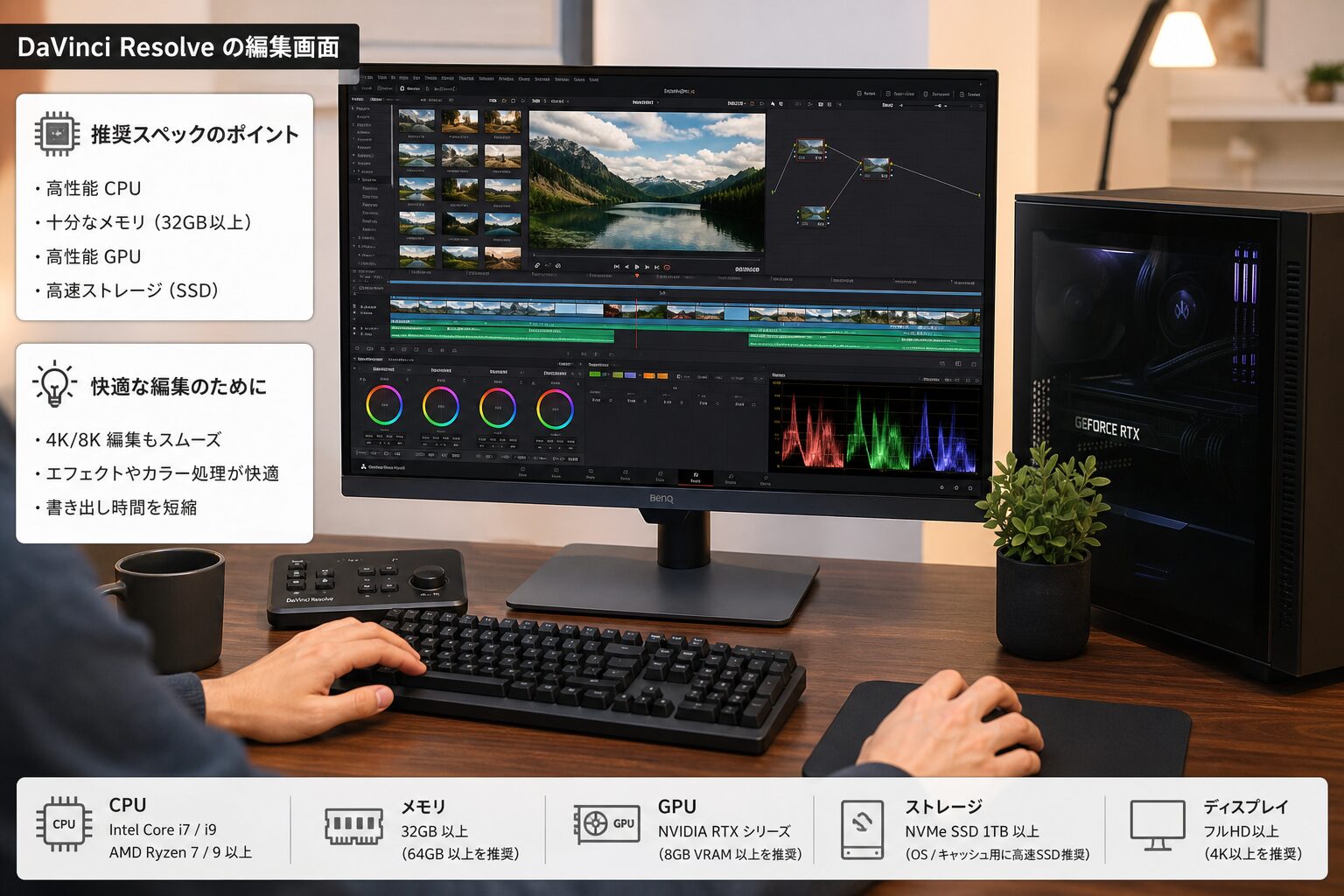 モダンなデスクに置かれたデスクトップPCでDaVinci Resolveの編集画面を操作するクリエイターの手元