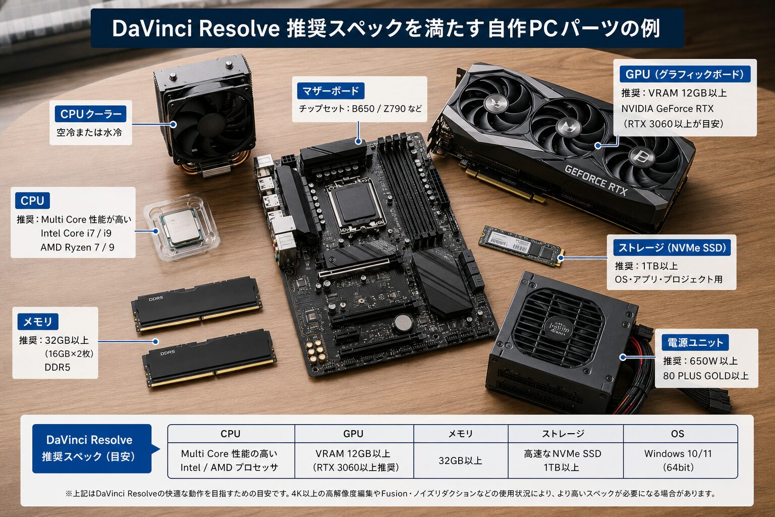 CPU・GPU・メモリなど自作PCのパーツがデスクに並べられている俯瞰の様子