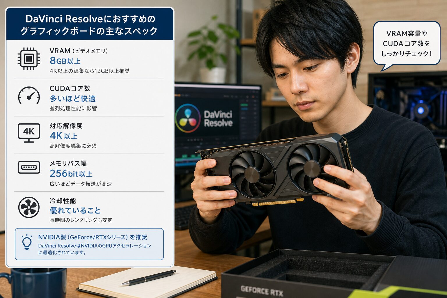 グラフィックボードを両手で持ちながらスペックを確認している男性