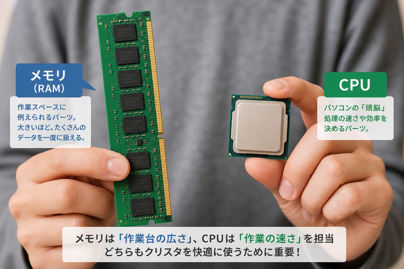 パソコンのメモリモジュールとCPUを手に持って比較している様子のクローズアップ