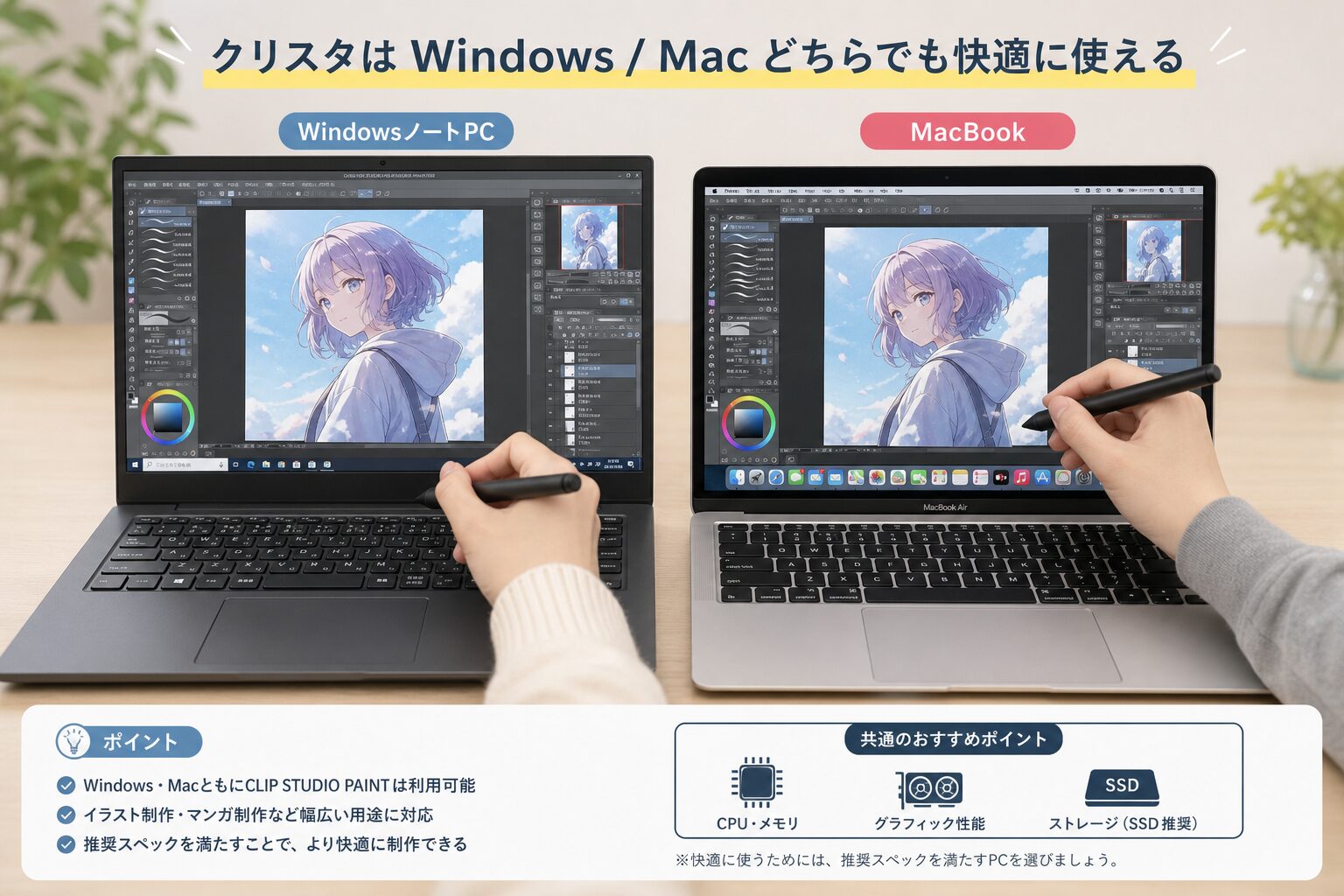 WindowsノートPCとMacBookを並べてデジタルペンで操作する手元