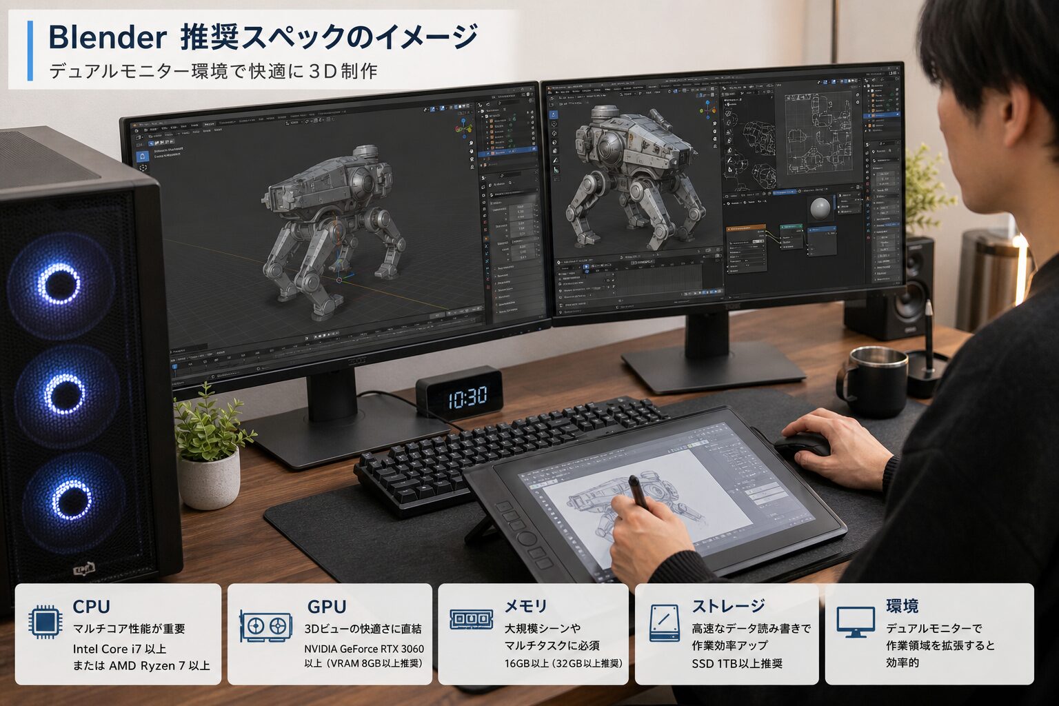 デュアルモニターのデスクトップPCでBlenderの3Dモデリング画面を操作するクリエイターの手元、デスクには液晶ペンタブレットも置かれている
