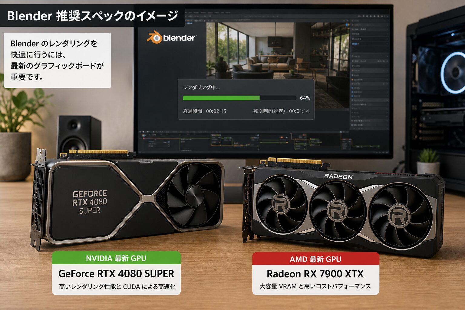 NVIDIAとAMDの最新グラフィックボードが2枚並べて置かれたデスク、奥にBlenderのレンダリング進捗バーが映るモニター