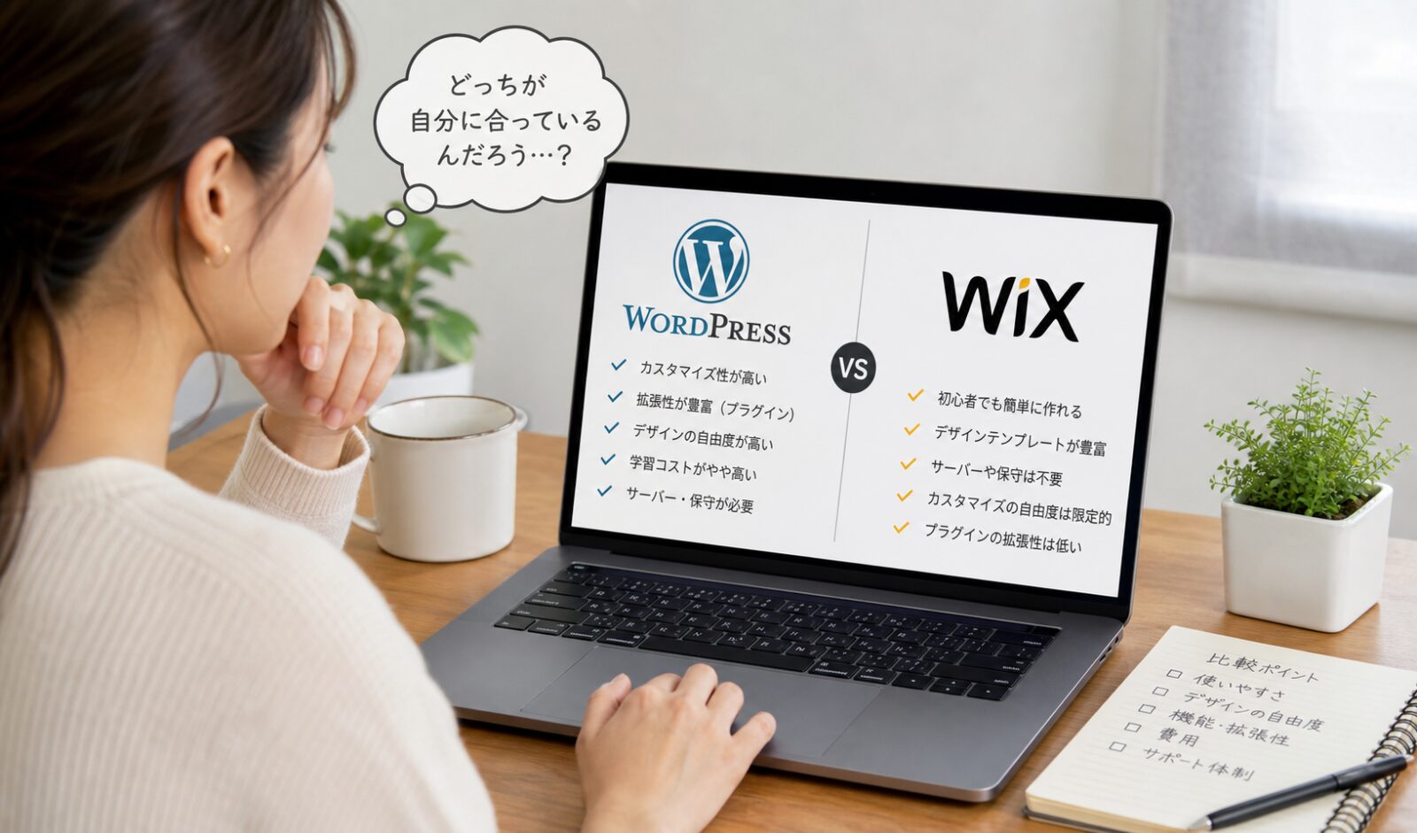 ノートパソコンの画面にWordPressとWixのロゴを並べて見比べながら悩んでいる30代女性の手元