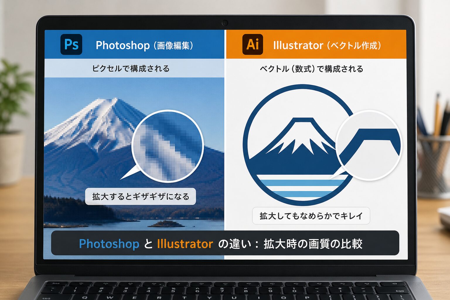 左右に分割された画面で、左にピクセルが拡大されてギザギザになった写真、右に滑らかなベクターのロゴを表示して比較しているパソコンの画面