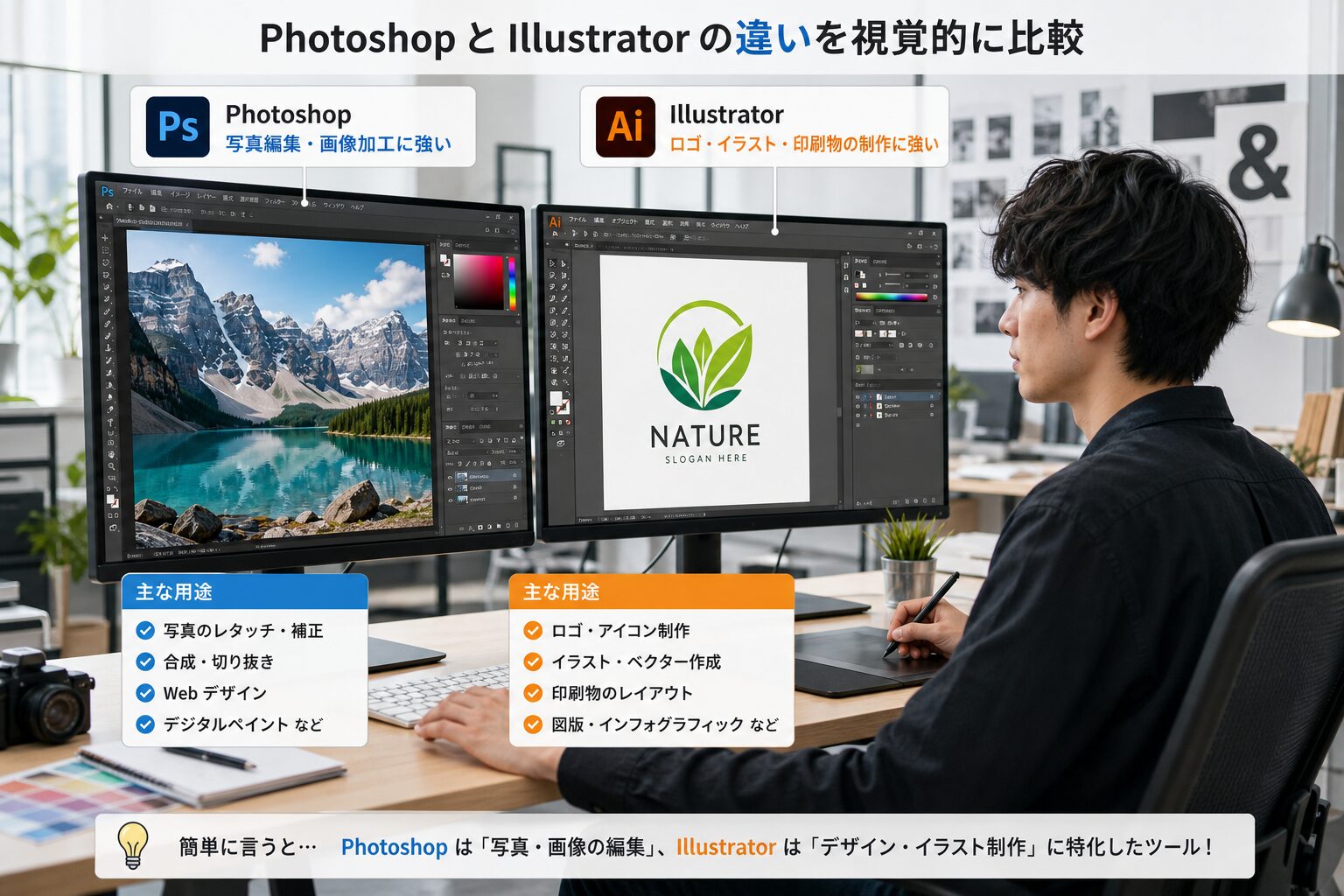 モダンなデザインスタジオで2台のモニターを並べ、片方にPhotoshopの写真編集画面、もう片方にIllustratorのロゴ制作画面を表示して作業する若手デザイナー