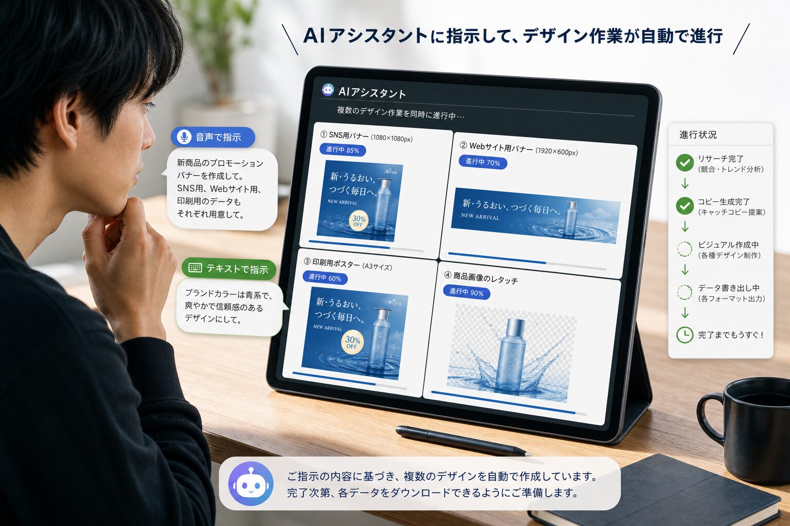 タブレット端末でAIアシスタントに音声やテキストで指示を出し、画面上で複数のデザイン作業が自動で進行している様子を見つめるクリエイターの横顔