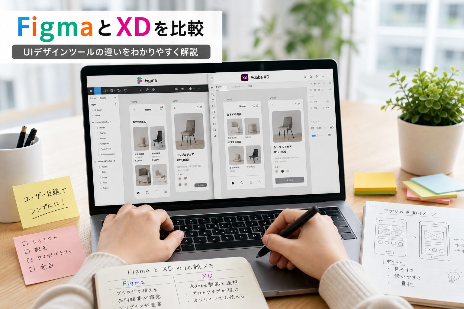 ノートパソコンの画面にUIデザインツールを表示し、付箋やスケッチを横に置いて作業するデザイナーの手元、明るいオフィスの雰囲気
