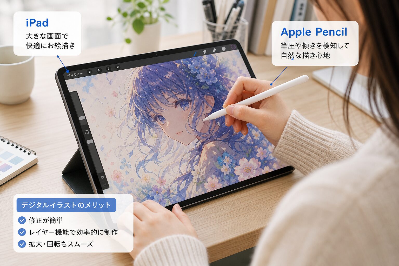 iPadとApple Pencilを使ってデジタルイラストを描く若い女性クリエイターの手元のクローズアップ