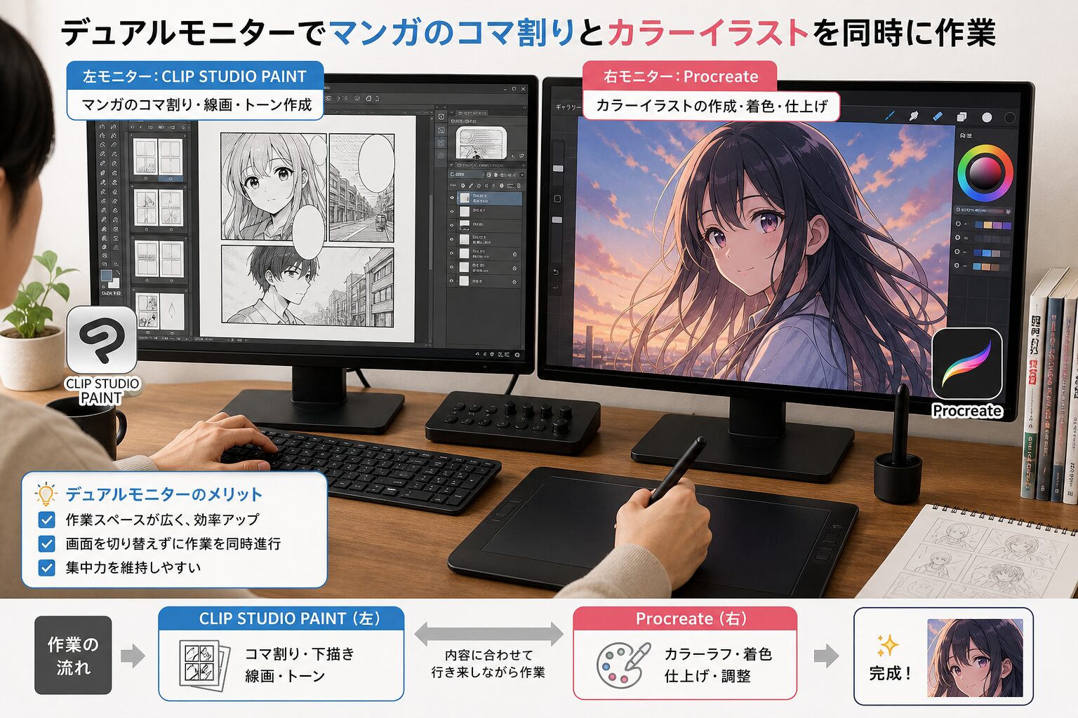 デュアルモニターでマンガのコマ割りとカラーイラストを同時に作業するイラストレーターの作業デスク