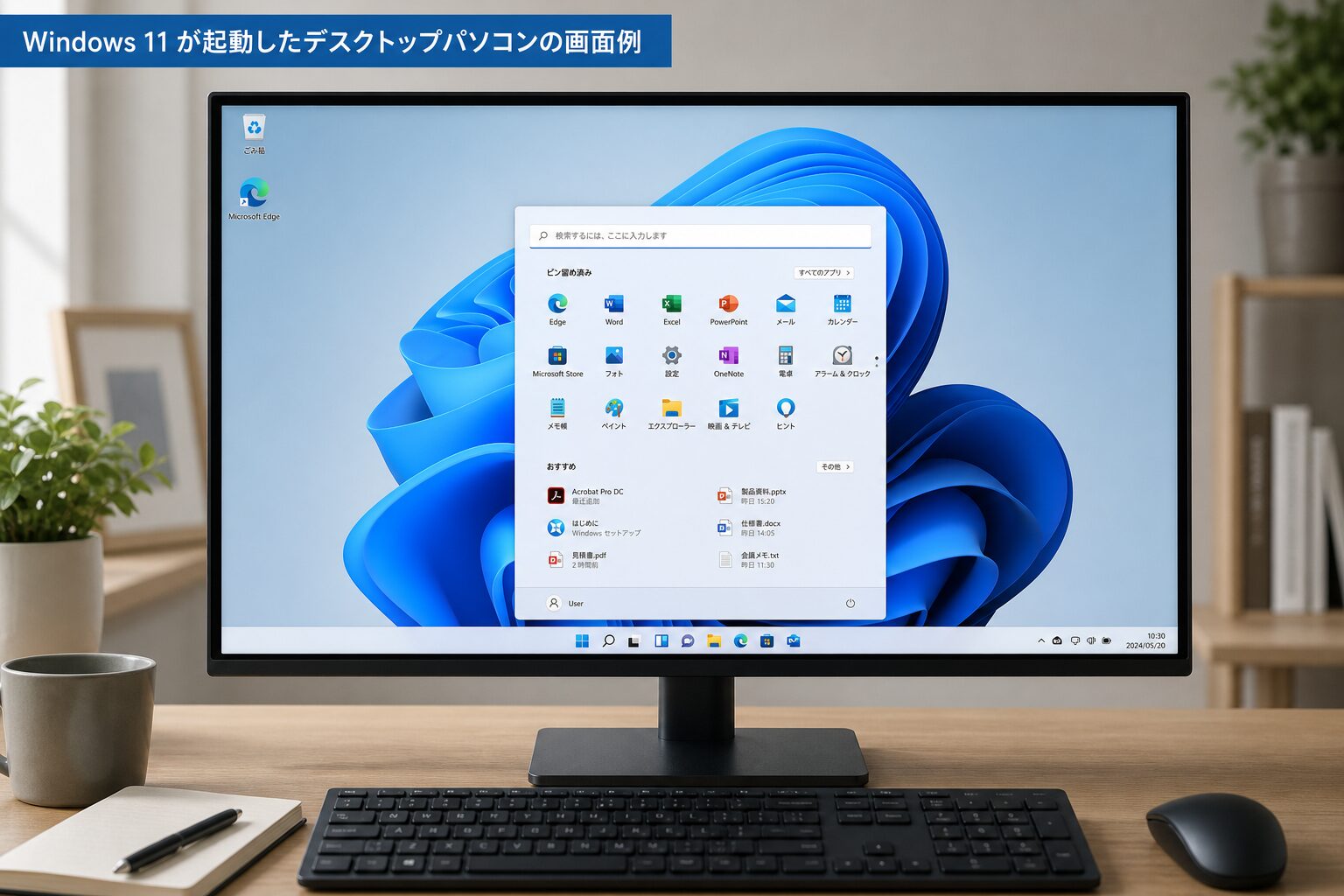 Windows 11が起動したデスクトップパソコンのモニター画面、シンプルな作業デスク