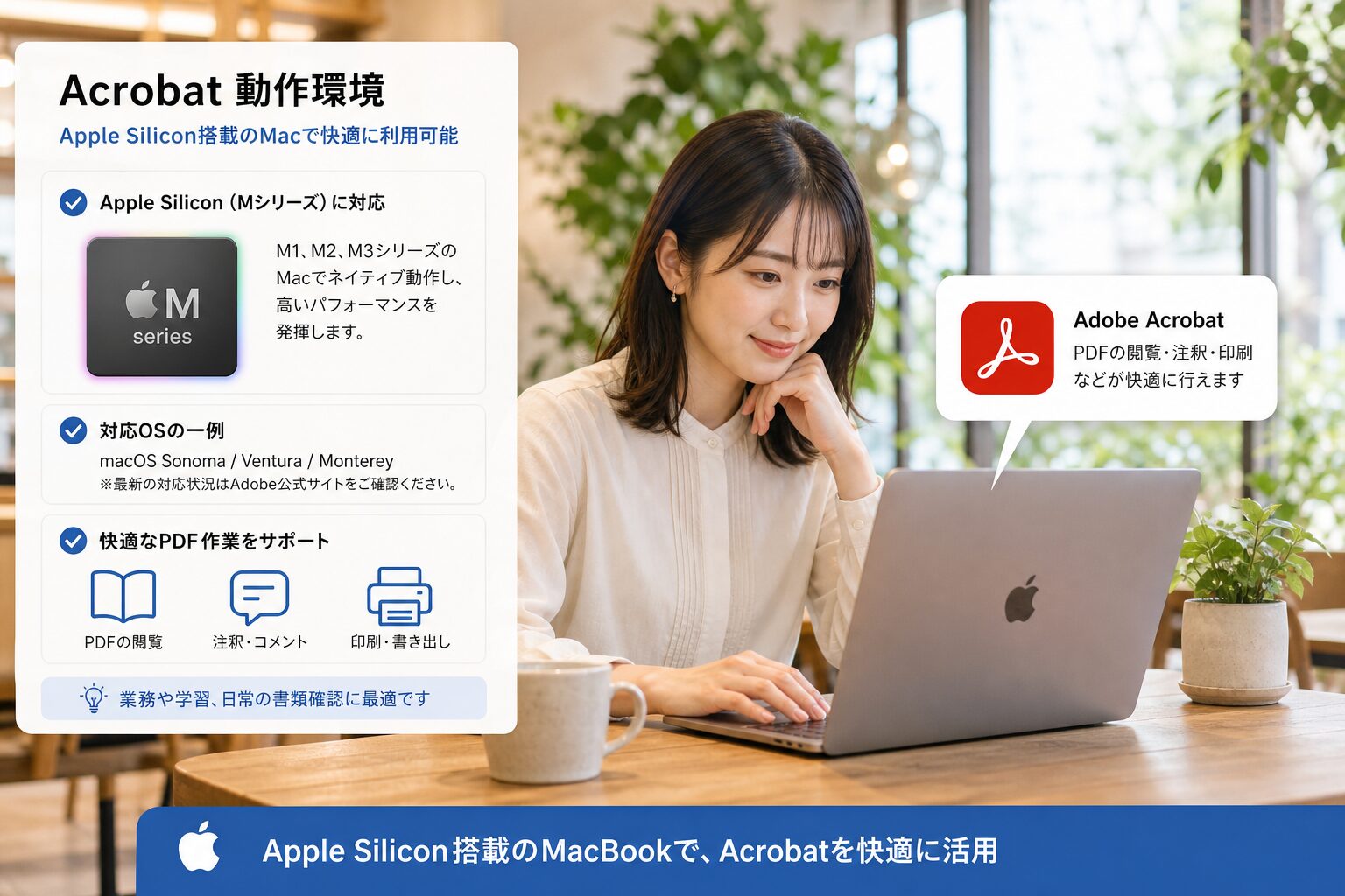 Apple Silicon搭載のMacBookでPDF書類を確認する女性、観葉植物のある明るいカフェ風の空間