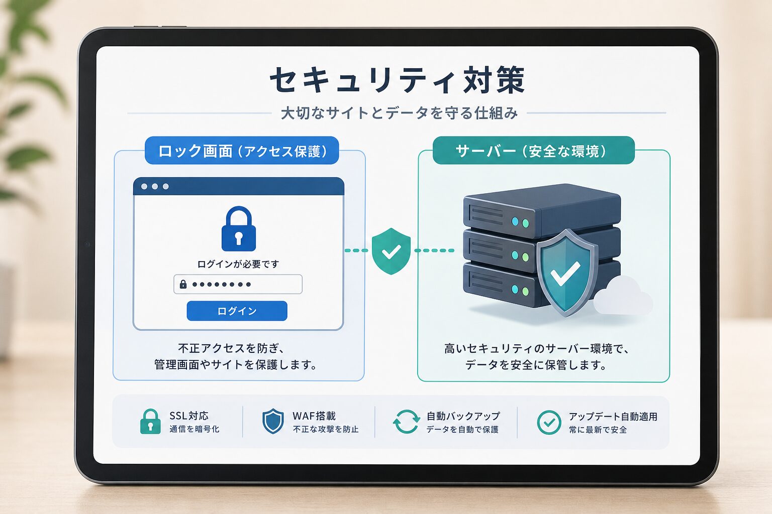 セキュリティ対策のイメージとしてロック画面とサーバーのアイコンが表示されたタブレット画面