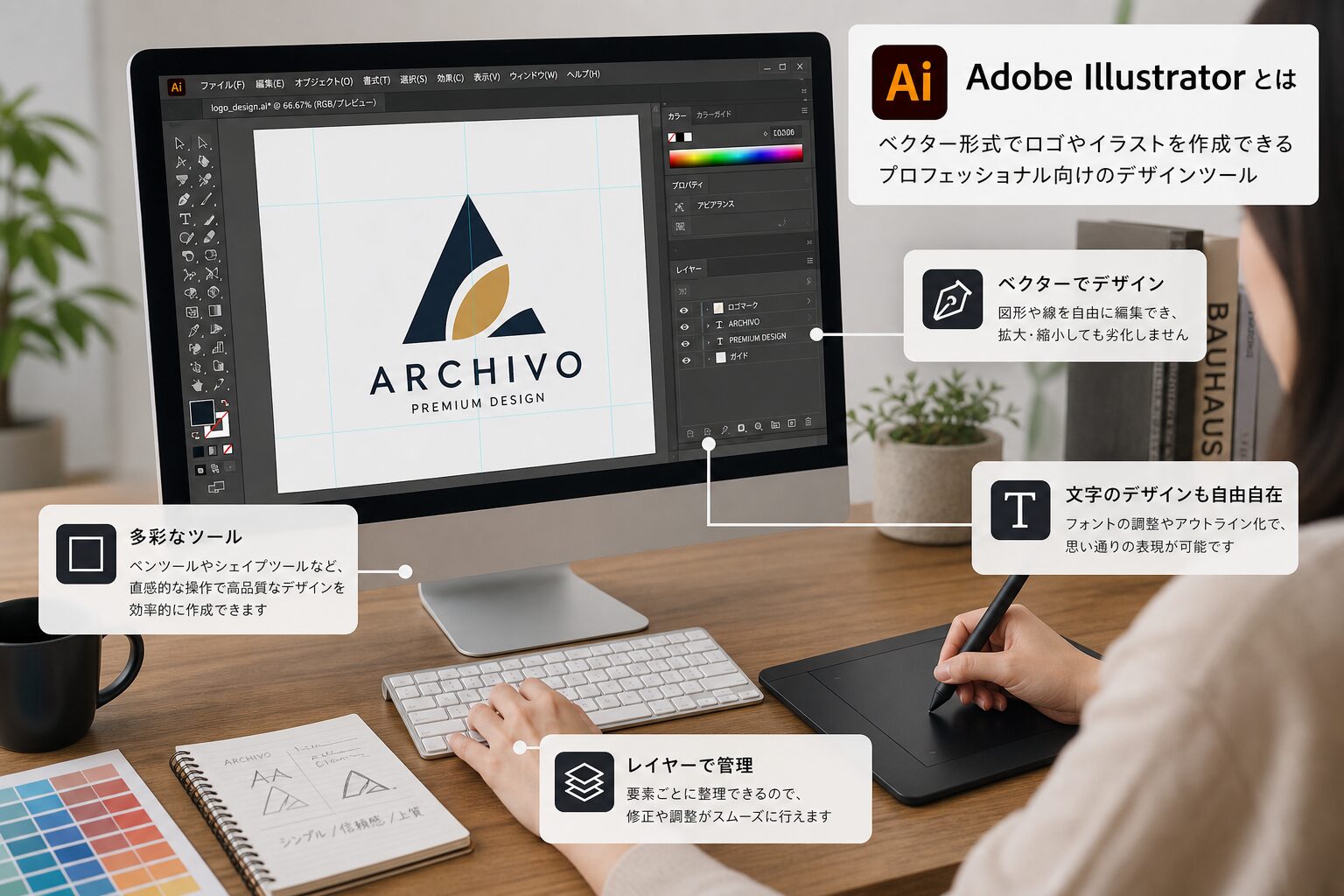 モダンなデスク上でIllustratorを操作しロゴをデザインするデザイナーの手元