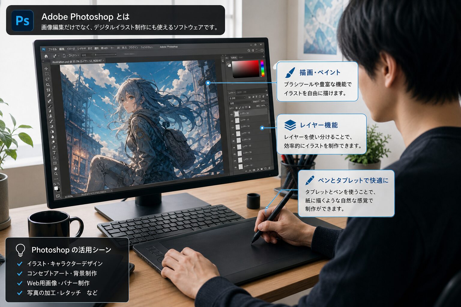 タブレットとペンを使ってPhotoshopでデジタルイラストを描くクリエイターの作業風景