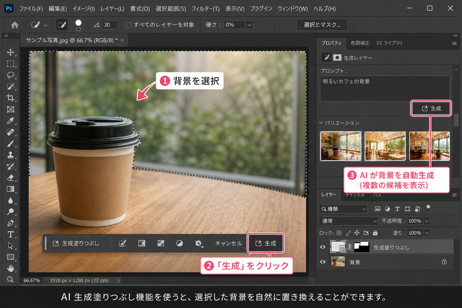 AI生成塗りつぶし機能でパソコン上の写真の背景を自動編集している画面のクローズアップ