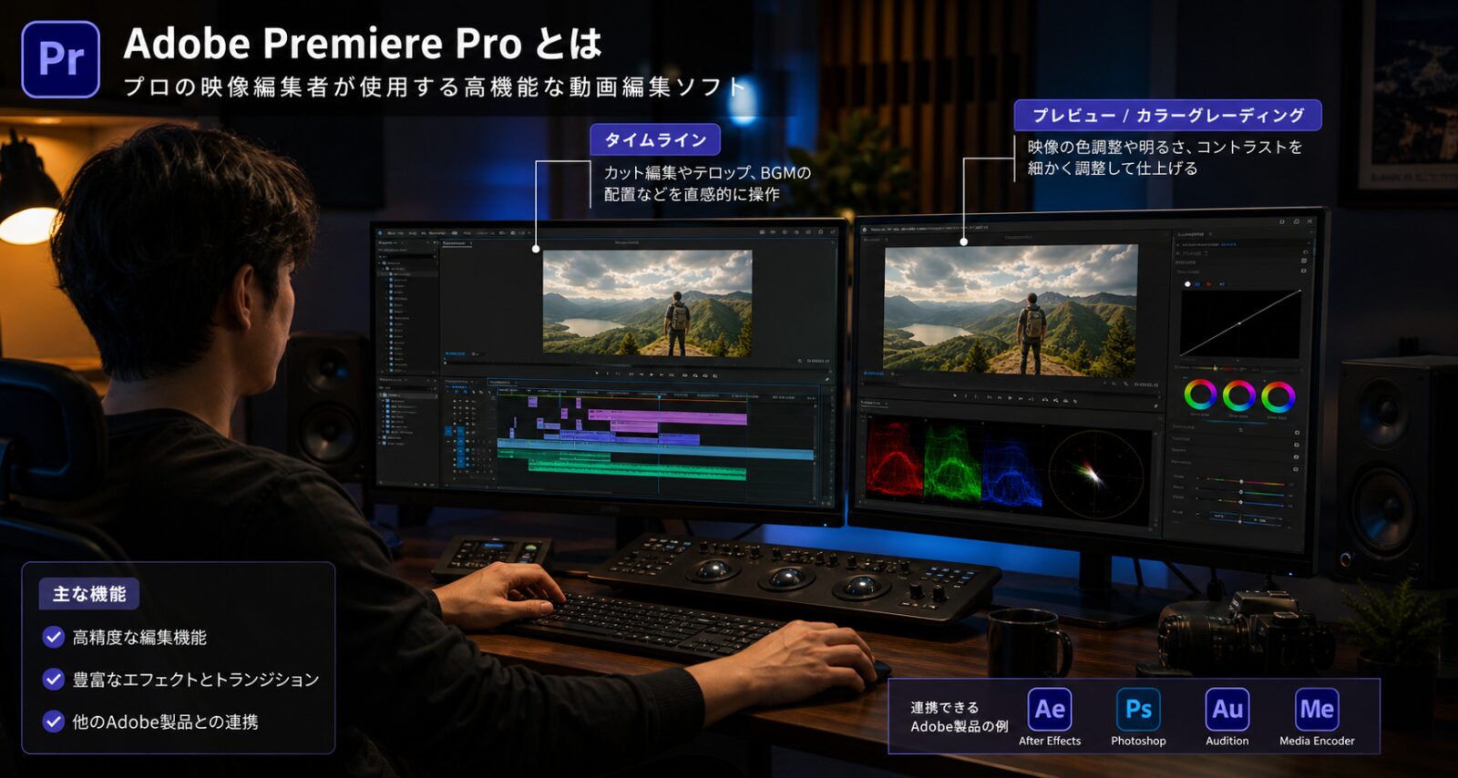 デュアルモニターでPremiere Proのタイムラインを操作するプロの映像編集者、暗めのスタジオでカラーグレーディング作業をしている様子