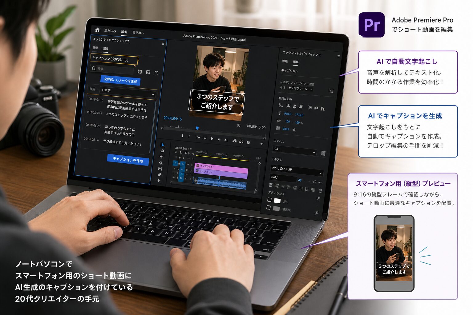 ノートパソコンでスマートフォン用のショート動画にAI生成のキャプションを付けている20代クリエイターの手元